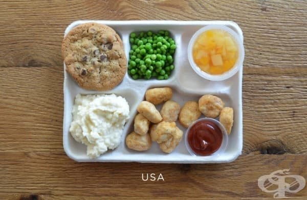 САЩ: пържено пиле, картофено пюре, грах, плодово желе, бисквити с шоколад.