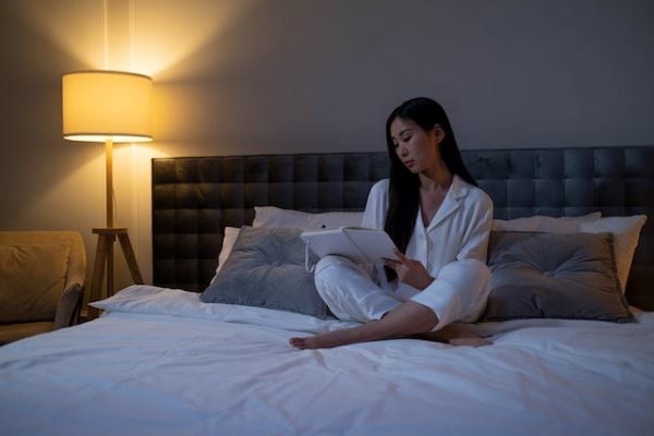 Жена с тъмна коса, облечена в бяла пижама, чете книга в спалня