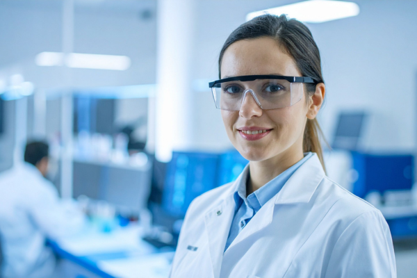 Изкуствен министомах функционира като нормалния и отделя стомашен сок жена с тъмна коса в лаборатория