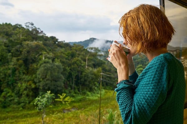 Червенокоса жена з плетен зелен пуловер, която държи чаша и гледа към гора