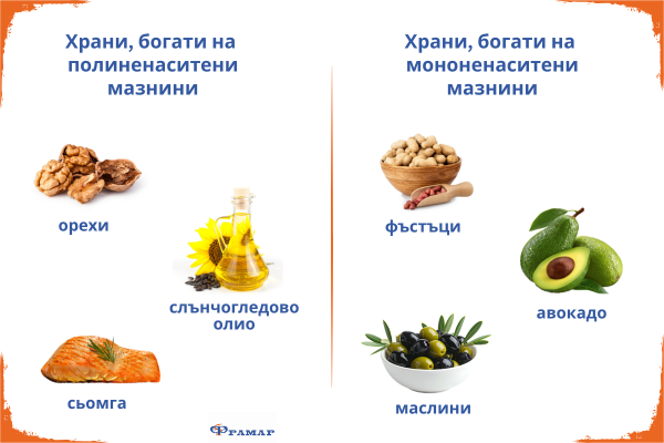 Ненаситени мазнини съдържат мазните риби и ядките инфографика с храни, богати на полезни мазнини