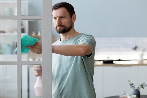 мъж с бледосиня тениска, който чисти прозорци с препарат