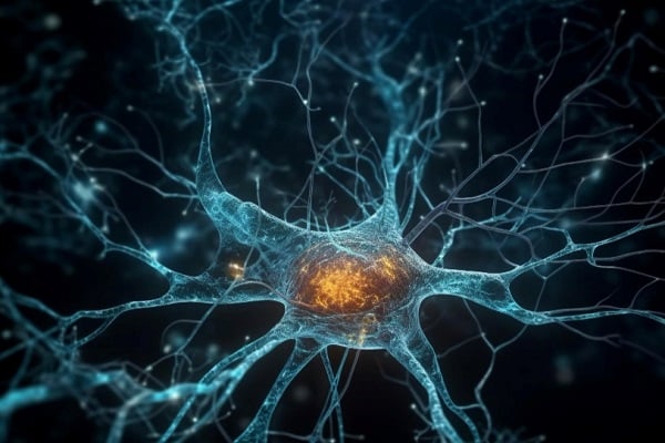 изображение на неврон в неоново синьо и светеща сърцевина