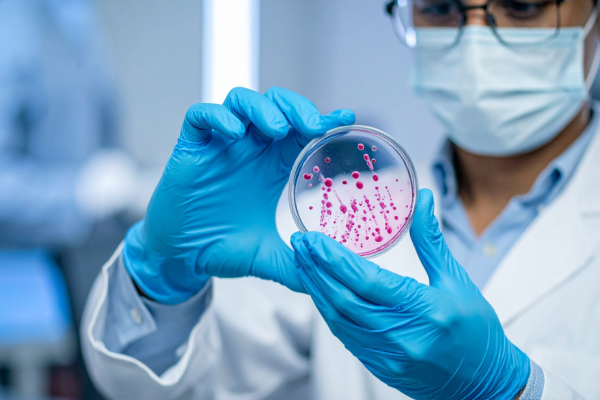 Тежките бактериални инфекции увеличават риска от деменция учен с маска и ръкавици, който държи лабораторен съд