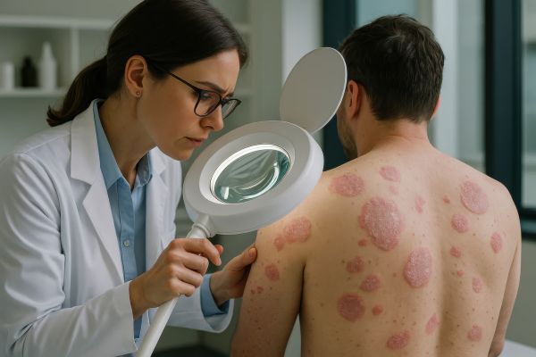 Блокирането на протеина намалява възпалението на кожата Човек с псориазис