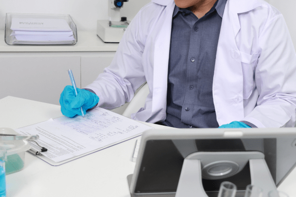 Молекула инхибитор може да спре растежа на тумора на простатата и да предпази костите от появата на метастази мъж в лаборатория, който попълва документ