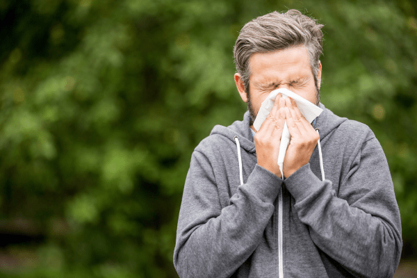 За разлика от настинката или грипа, при сенната хрема няма повишена температура мъж със сиво горнище, който има хрема