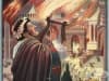 Лудият римски император Нерон, който се наслаждава на горящия Рим, докато свири на лира