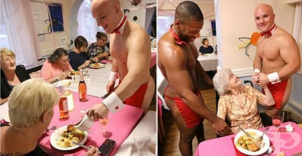 Двама млади господа по престилки от група " Hunks in Trunks" са сервирали три ястия за вечеря.