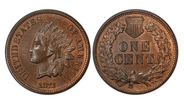 Цент с индианец и „отворена“ тройка (1873). Цена:около 344 $. Този цент е подобен на номер 7 в галерията, но с 1 разлика. Числото 3 в 1973 не се намира в средата. Такъв вариант се среща по-често от „затвореното“ 3 и затова струва по-малко.