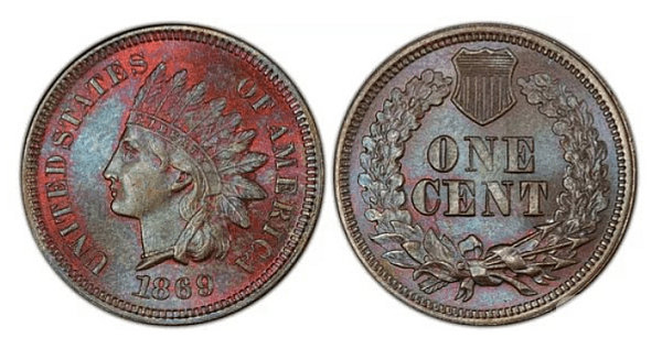 Цент с индианец (1869). Цена: 750$. Защо е ценна? Това е обикновена рядка монета, без дефект. От тези монети са сечени само около 6,5 милиона, но от тогава повечето са заличени. В добро състояние струва много.