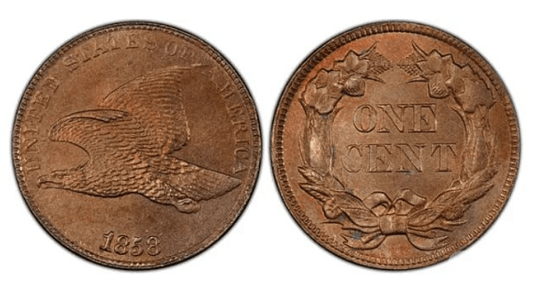 Цент с летящ орел (1858/7). Цена: 760$. Този цент е произведен в различни версии, но най-ценният е вариантът с напечатана дата над датата ( „8“ напечатано върху „7“). Едно копие в добро състояние струва повече от 1000 долара.
