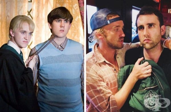 „Хари Потър“, 2007 и 2018 г. Невил Лонгботъм (Матю Люис) учи в Грифиндор, а Драко Малфой (Том Фелтън) в Слидерин. Миналата година, когато се видяха, Том се опита да убеди Матю да постъпи в Слидерин, но напразно.