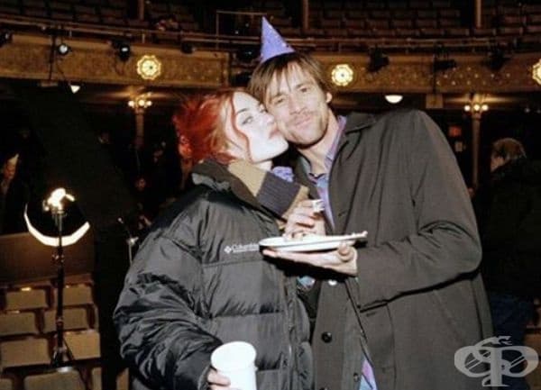 Джим Кери и Кейт Уинслет зад кулисите по време на снимки за "Eternal Sunshine of the Spotless Mind".