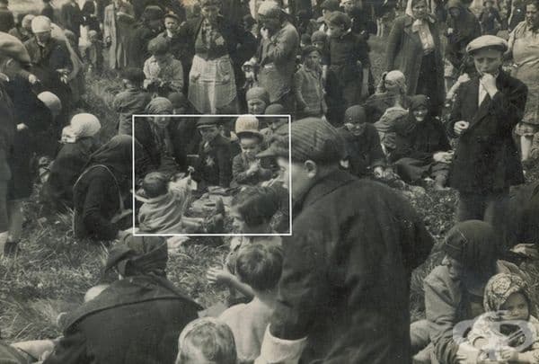 Дете подава цвете на друго дете при пристигането му в Аушвиц, май 1944 г. Всички от снимката са починали в рамките на часове.