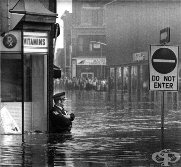 Полицейски служител охранява аптека в прииждащи до кръста води, 1974.