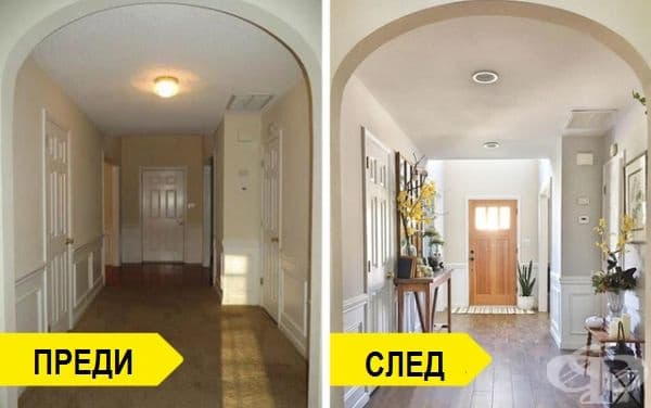 Малка част с дневна светлина, цветя и хубавата рогозка на вратата превръщат скучния коридор в уютно място.
