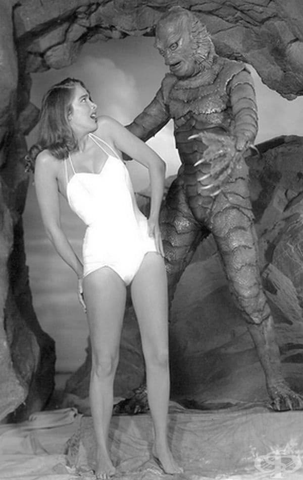 На снимачната площадка на филма на ужасите Creature From The Black Lagoon, 1954 г.