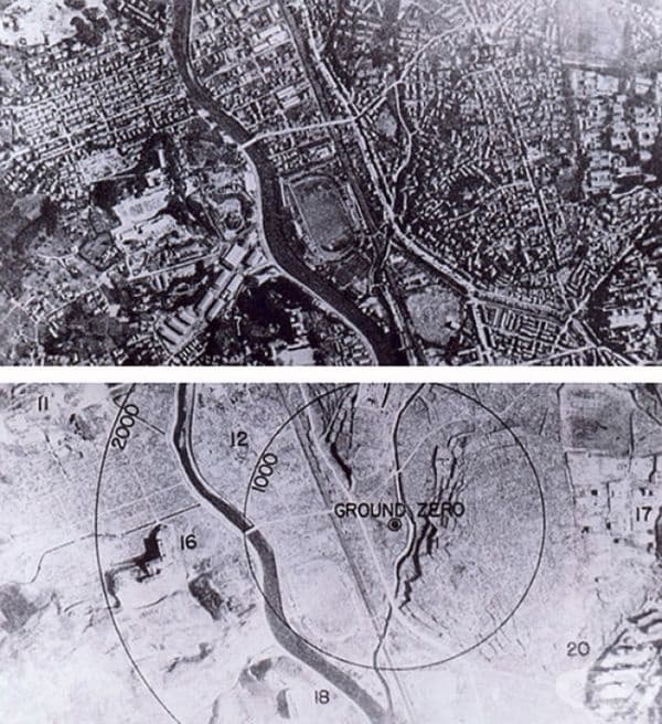 Нагасаки, преди и след експлозията на атомна бомба, 1945.