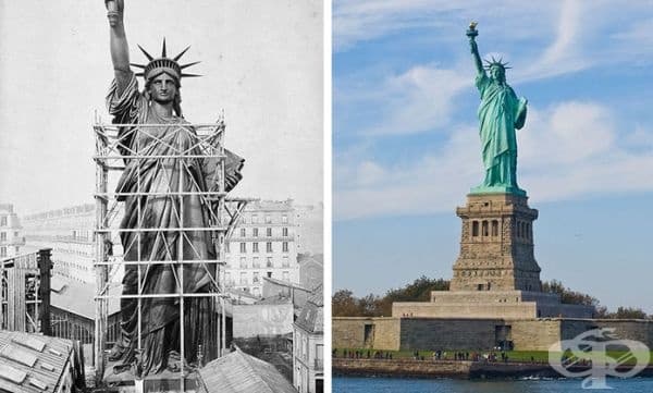 Статуята на свободата, Ню Йорк, САЩ. Строителство: 1876-1886 г. На снимката вляво статуята е във Франция, откъдето по-късно е изпратена до САЩ като подарък.