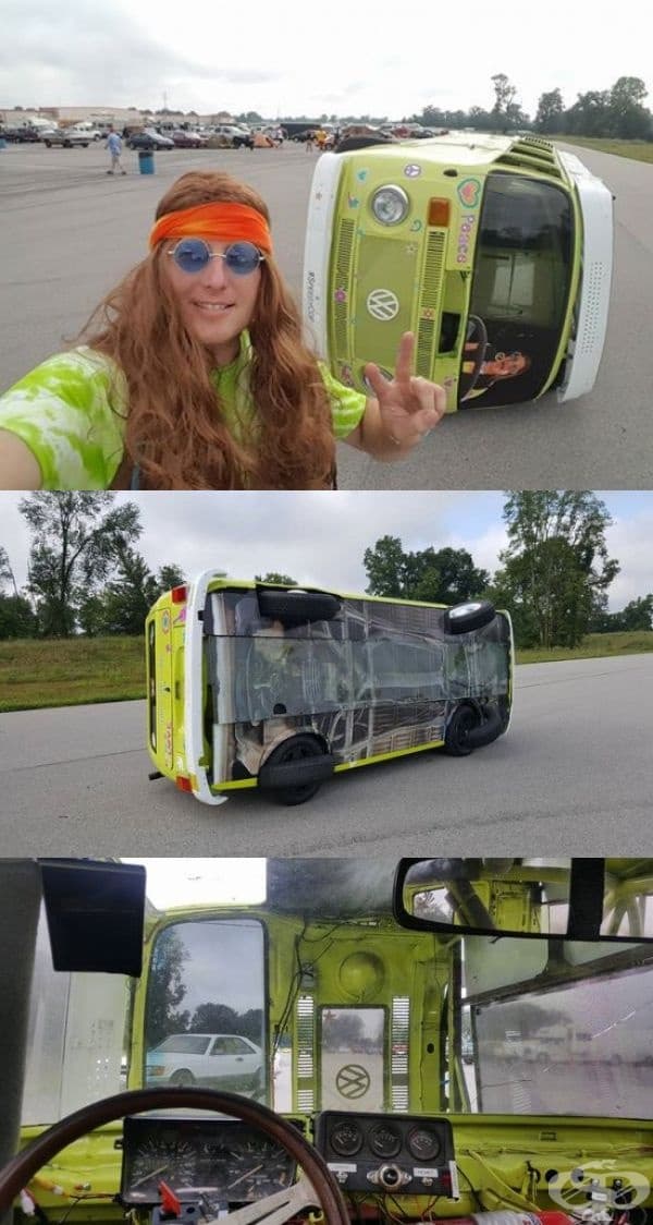 Ужасна автомобилна катастрофа? Не! Просто автобусът се движи така. Вътре има пътническа кола.