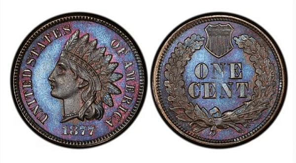 Цент с глава на индианец (1877 г.) Цена: 367-3,000 $. Този цент не е издаден по погрешка. Причината, поради която е толкова ценна е, че през 1877 г са направени много малко бройки от тях - само около 850 000 монети.