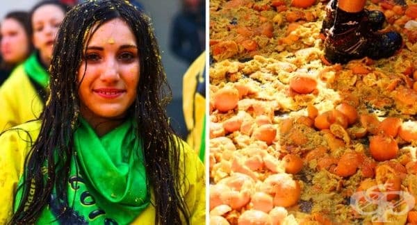 Битка с портокали, Италия. Този фестивал е подобен на La Tomatina в Испания, но заменен с портокали. Хората унищожават около 250 тона плод по време на битката. За да си представите колко е това – повече от 2 пъти теглото на синия кит.