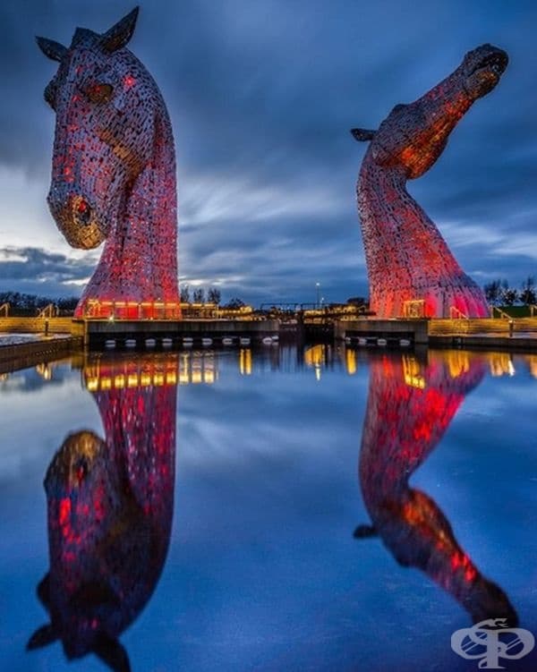 Kelpies (митологични създания) във Фалкирк, Шотландия, са най-големите скулптури в света. Те са невероятно красива гледка през нощта, когато скулптурите са осветени!