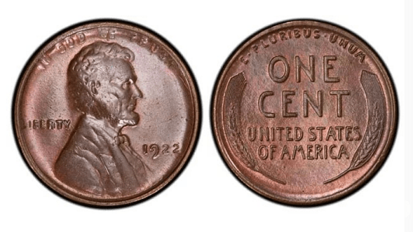Цент с Линкълн и жито без „D” (1922). Цена близо 28 000 $. През 1922 г. монети от 1 цент са сечени само от Денвърския монетен двор, но е трябвало да присъства и марката „D”. Поради износването на печатите, върху някои копия буквата липсва.Затова е ценна.
