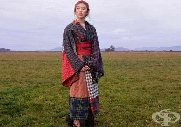 Тази жена е наполовина шотландка, наполовина японка. Кимоното е ръчно ушито от мъжки ризи и боксерки.