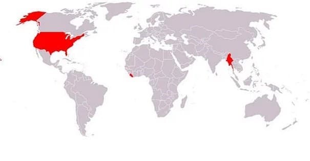 Карта на страните, в които официално не се използва метричната система
