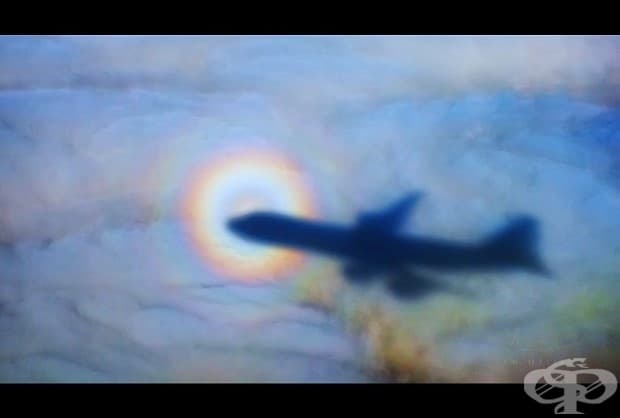 Сянка в облаците. Боинг 747 оставя красива сянка в облаците по-долу, с красив ореол около пилотската кабина.