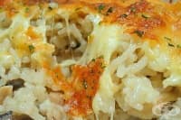 Пилешки бутчета с ориз и гъби в сметана с кашкавалена коричка